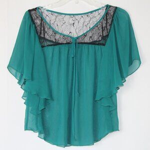 FOREVER 21 WOMENS SHEER GREEN BLACK LACE TOP SZ M BUTTERFLY SLEEVES SCOOP HEM
